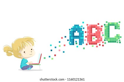 Illustration of a Kid Girl Using Laptop with ABC Pixels. Learning English from Computer