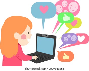 Illustration of a Kid Girl Using the Laptop on Internet Receiving Compliments in Social Media