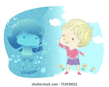 Illustration of a Kid Girl in Virtual Reality Meeting a Friend Kid Boy in Another Location