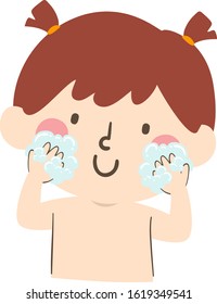 Illustration of a Kid Girl Washing Her Face While Bathing
