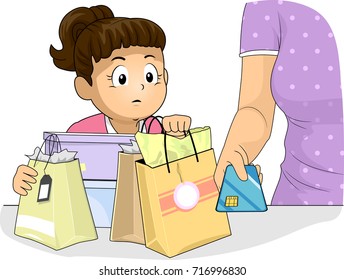 Illustration of Kid Girl Watching Her Mom Use Her Credit Card While Shopping