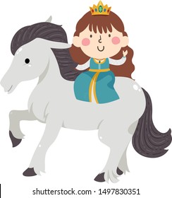 Illustration of a Kid Girl Waving and Wearing Princess Costume on a White Horse