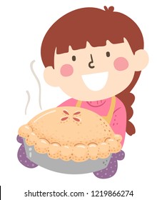 Illustration of a Kid Girl Wearing Apron and Gloves Showing a Freshly Baked Pie