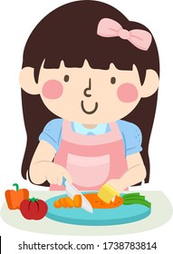 Illustration of a Kid Girl Wearing Apron and a Safety Hand Finger Guard While Using Knife and Chopping Board, Slicing a Carrot