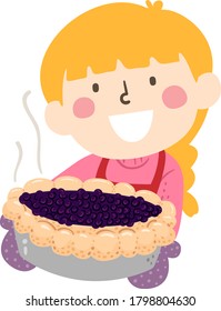  Illustration of a Kid Girl Wearing Apron and Oven Gloves and Presenting Blueberry Pie She Baked