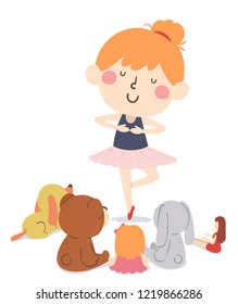 Illustration of a Kid Girl Wearing Ballet Tutu Dancing In Front of Her Stuffed Toys Gathered Around