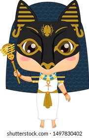 Illustration of a Kid Girl Wearing Bastet Costume with Mask and Holding a Sistrum