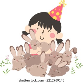 Illustration Of Kid Girl Wearing Birthday Hat Hugging Rabbits In Petting Zoo