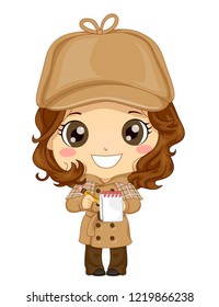 Illustration Of A Kid Girl Wearing Brown Hat And Long Coat, Holding A Pencil And Flip Top Pocket Notebook, Playing Detective