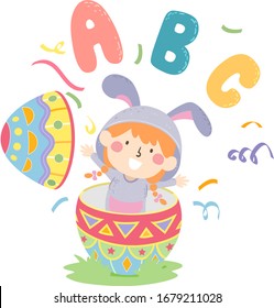 Illustration of a Kid Girl Wearing Bunny Costume and Popping From Inside an Easter Egg with ABC