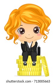 Illustration of a Kid Girl Wearing Business Attire Sitting on Top of Gold Coins