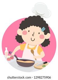 Illustration of a Kid Girl Wearing Chef Hat and Holding a Pan and Cooking Spoon in the Kitchen