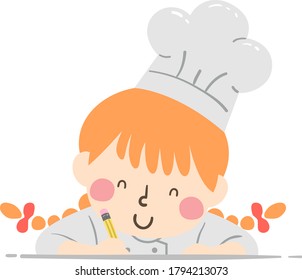 Illustration of a Kid Girl Wearing Chef Hat and Uniform and Writing Using Pencil