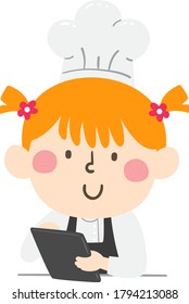 Illustration of a Kid Girl Wearing Chef Hat and Apron and Using a Tablet Computer