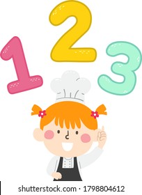 Illustration of a Kid Girl Wearing Chef Hat and Apron Pointing to 123