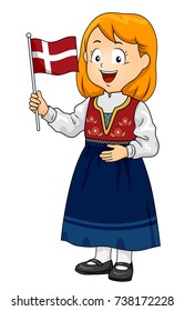Illustration of a Kid Girl Wearing a Danish National Costume and Holding the Flag of Denmark