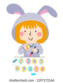 Illustration of a Kid Girl Wearing Easter Bunny and Painting Easter Egg with Numbers