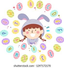 Illustration of a Kid Girl Wearing an Easter Bunny Looking Up with Alphabet Easter Eggs