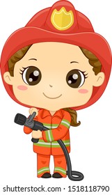 Illustration of a Kid Girl Wearing Fireman Costume with Helmet and Holding Fire Hose