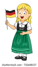 Illustration of a Kid Girl Wearing German National Costume and Holding a Flag of Germany