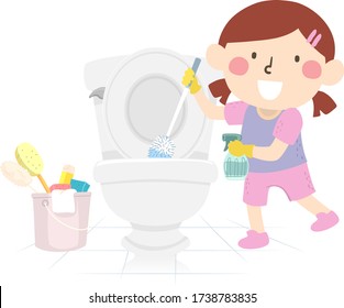 Illustration of a Kid Girl Wearing Gloves and Holding Toilet Bowl Brush and Hand Spray Cleaning as Part of Her Household Chores