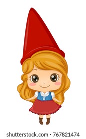Illustration of a Kid Girl Wearing a Gnome Costume with Red Conical Hat