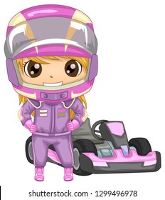 Illustration Of A Kid Girl Wearing Go Kart Helmet And Uniform With Racing Go Kart Car