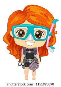 Illustration of a Kid Girl Wearing Goggles, Mouthpiece, Flippers and Gear