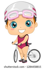 Illustration of a Kid Girl Wearing Goggles, Swimming Cap and Holding Bicycle for a Triathlon