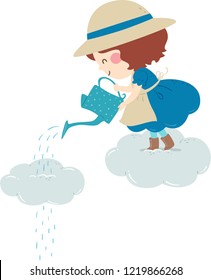 Illustration of a Kid Girl Wearing Hat, Blue Dress and Boots Standing on a Cloud Using a Watering Can to Pour Water Over a Raining Cloud