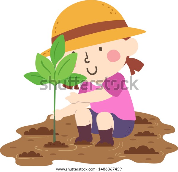 帽子をかぶり マングローブの苗を植える少女のイラスト のベクター画像素材 ロイヤリティフリー
