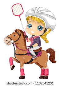 Illustration of a Kid Girl Wearing Helmet and Holding a Racket Riding a Horse to Play Polocrosse