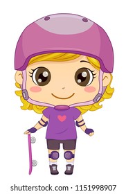 Illustration of a Kid Girl Wearing Helmet, Shoulder and Knee Pad and Holding Skateboard