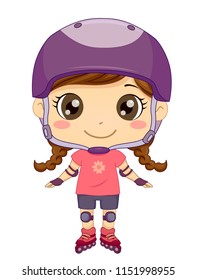 Illustration of a Kid Girl Wearing Helmet, Shoulder and Knee Pads, and Roller Blades for Rollerblading