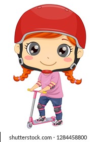 Illustration of a Kid Girl Wearing Helmet and Pads and Riding a Scooter