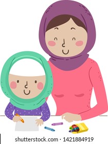 Illustration of a Kid Girl Wearing Hijab Using Crayons Coloring and Drawing on Paper with Her Mother