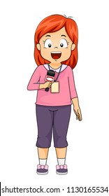 Illustration of a Kid Girl Wearing an ID, Reporting, Speaking While Holding a Microphone