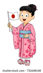 Illustration of a Kid Girl Wearing a Japanese Kimono Holding a Japanese Flag