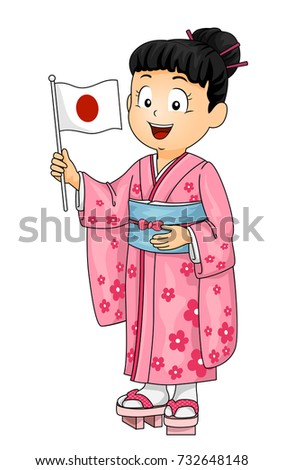 Illustration Kid Girl Wearing Japanese Kimono เวกเตอร์สต็อก (ปลอดค่า