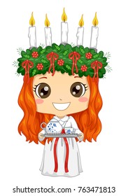 Illustration Of A Kid Girl Wearing A Little Saint Lucia Costume Serving Coffee