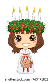 Illustration of a Kid Girl Wearing Little Saint Lucia Carrying a Basket Full of Saffron Buns