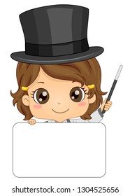 Illustration of a Kid Girl Wearing Magician Hat and Holding a Stick and Blank Board