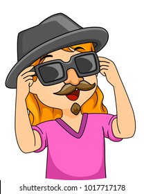 Illustration of a Kid Girl Wearing a Mask for Disguise, Fake Nose and Mustache