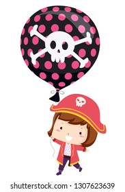 Illustration of a Kid Girl Wearing Pirate Costume with hat and Holding a Big Balloon with Skull and Bones