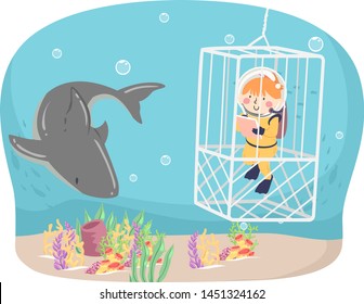 Illustration of a Kid Girl Wearing Scuba Diving Suit Inside a Cage Writing Down Notes and Observing a Shark