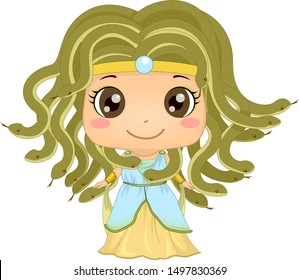 Illustration of a Kid Girl Wearing Snakes Headdress as Medusa Costume