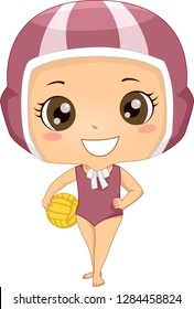 Illustration of a Kid Girl Wearing Swimming Cap and Holding a Ball for Water Polo