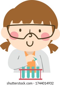 Illustration of a Kid Girl Wearing White Lab Gown and Goggles Using Dropper and Test Tubes