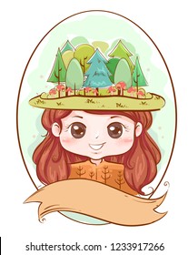Illustration of a Kid Girl Wearing Woodland Trees as Head Dress with a Blank Ribbon