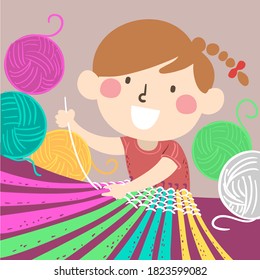 Illustration of a Kid Girl Weaving Yarn, Holding White Yarn Weaving Through Colorful Yarns